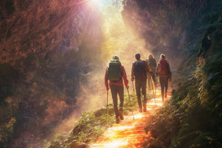 A group of five hikers venture through a cave, illuminated by bright sunlight filtering from above.の写真素材