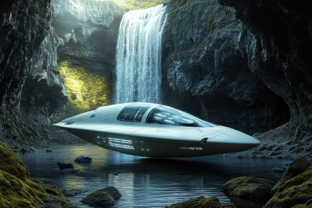 A sleek spacecraft floats silently above the tranquil waters, glistening under the waterfall's mist in a cave.の写真素材