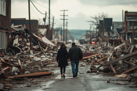 A couple strolls on a debris-covered street in a damaged town, reflecting loss and resilience in the aftermath.の写真素材