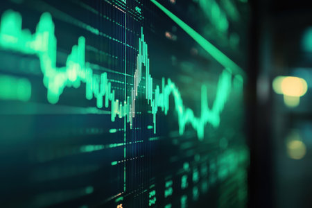 Visual representation of financial market data showing a candlestick chart with green lines and indicators.の写真素材
