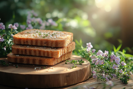Slices of toasted bread are arranged on a wooden board, surrounded by blooming flowers in sunlight.の写真素材