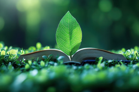 A bright scene of an open book resting on lush greenery, with a leaf sprouting from its pages.の写真素材