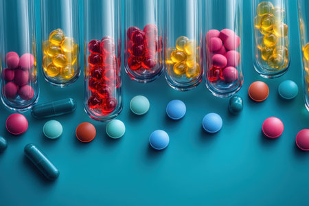 Various colorful tablets and capsules are artistically displayed with test tubes filled with liquids.の写真素材