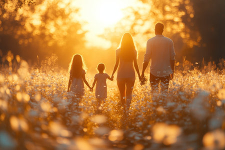 A family of four walks hand in hand through a meadow, illuminated by the golden hues of sunset.の写真素材