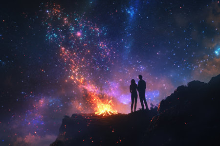 Two people standing on a mountain overlooking a vibrant starry sky and a warm campfire at night.の写真素材