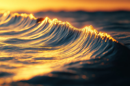 Golden sunlight dances on ocean waves, creating a breathtaking view at sunset by the shore.の写真素材