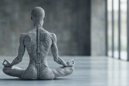 A serene figure sits in meditation, showing intricate details in a minimalist setting filled with light.の写真素材
