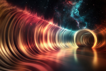 A colorful wave of light travels through a luminous tunnel amidst the stars in a cosmic setting.の写真素材