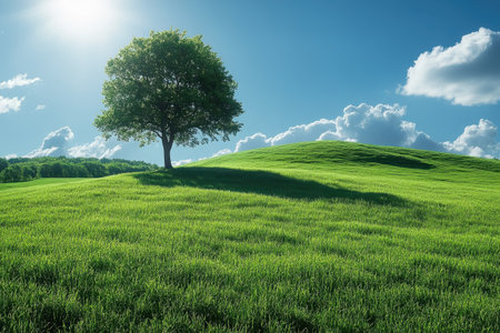 A solitary tree rises on lush green grass beneath a clear blue sky with scattered clouds and bright sunlight.の写真素材