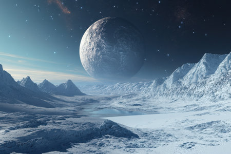 A vast frozen terrain features jagged mountains and a tranquil body of water under a bright celestial body.の写真素材