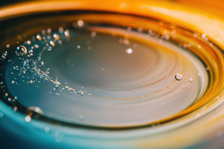Dazzling water ripples and bubbles create intricate patterns in soft hues during a tranquil sunset moment.の写真素材