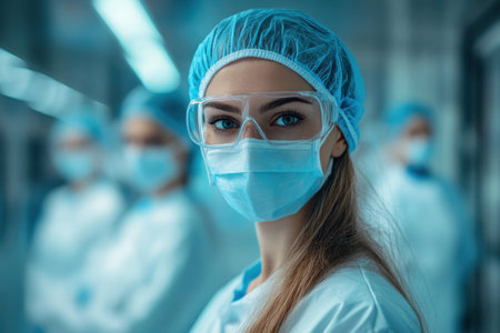 Healthcare workers in protective clothing focus on research, ensuring safety in a clean laboratory environment.の写真素材