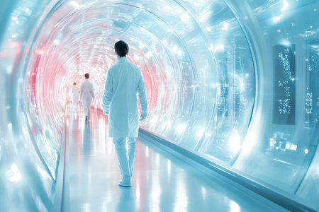 Researchers in lab coats navigate a bright, high-tech corridor filled with vibrant lights and advanced technology.の写真素材