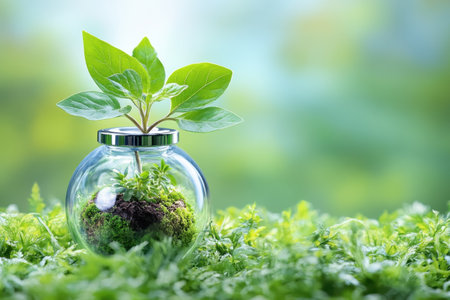 A vibrant green plant thrives inside a glass terrarium surrounded by lush moss in a tranquil setting.の写真素材