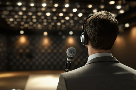 Man wearing headphones stands confidently at a microphone, ready to speak to an audience in a modern auditorium.の写真素材