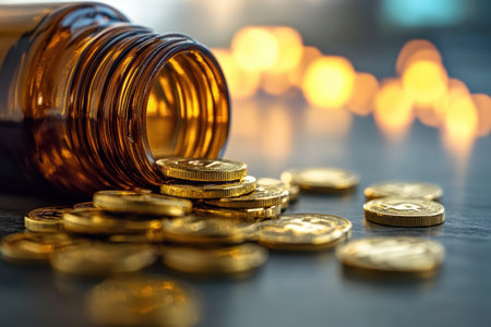 A collection of golden coins is poured out from a brown bottle, creating a mesmerizing display on the table.の写真素材
