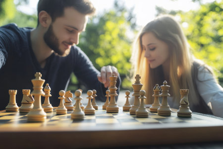 A couple plays chess in a park, deeply focused on their strategy under the warm sun and surrounded by greenery.の写真素材