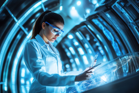 A woman in a lab coat and safety goggles examines data on a digital screen in a high-tech lab.の写真素材