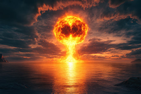 Powerful blast creates an orange fireball over the sea, contrasting with dark storm clouds at dusk.の写真素材