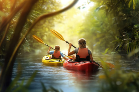 Two people in kayaks navigate a serene jungle waterway surrounded by vibrant foliage and gentle sunlight.の写真素材