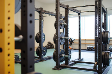 A spacious gym features various weightlifting equipment, including racks and barbells, for training sessions.の写真素材