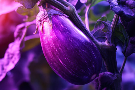 A fresh eggplant is developing on a green plant, showing its deep purple hue under warm sunlight.の写真素材