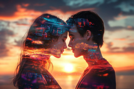 Two individuals stand close together against a stunning sunset, their silhouettes merging with a vibrant cityscape.の写真素材