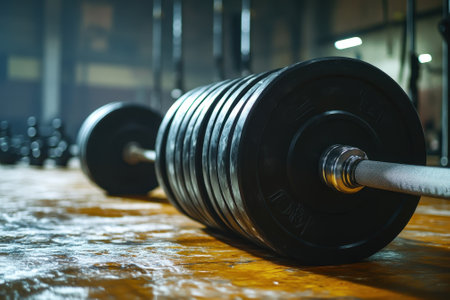 Focus on heavy weight plates laying on the gym floor while exercising in a well-lit fitness center environment.の写真素材