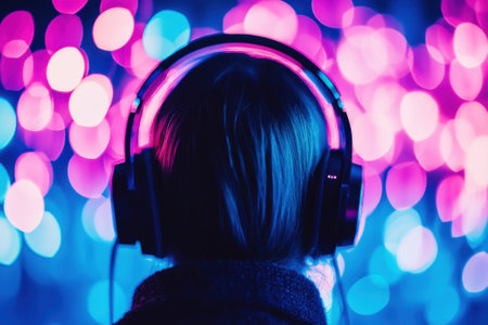 A person listens to music through headphones, surrounded by vibrant multicolored lights at night.の写真素材