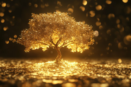 A tree rendered in golden hues stands out against a soft, glowing backdrop, evoking a sense of wonder.の写真素材