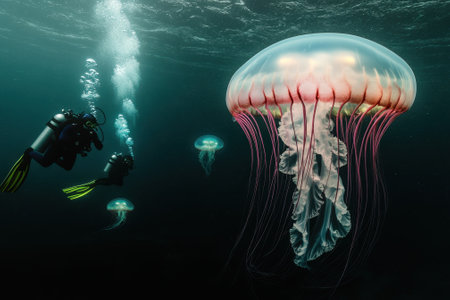 Divers observe majestic jellyfish drifting gracefully in deep blue waters as sunlight fades.の写真素材