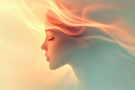 A woman with flowing hair is portrayed in a soft light, embodying serenity and grace during twilight.の写真素材