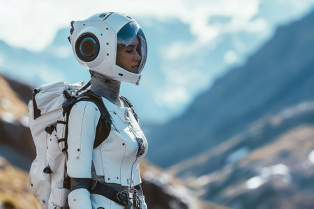 A person dressed in a sleek spacesuit gazes across a breathtaking mountainous terrain under a cloudy sky.の写真素材