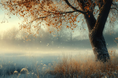 A solitary tree stands in a serene, fog-covered field as the sun rises, casting warm light on autumn leaves.の写真素材