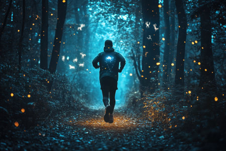 A person jogs down a forest path surrounded by glowing lights, creating a mystical atmosphere at twilight.の写真素材