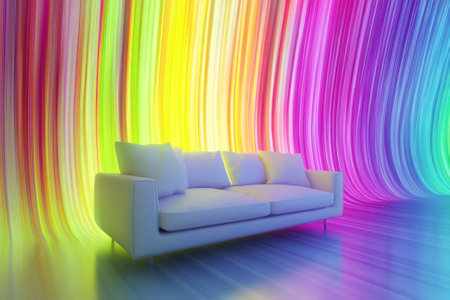 A modern white sofa is placed against a backdrop of colorful waves, creating a lively atmosphere.の写真素材