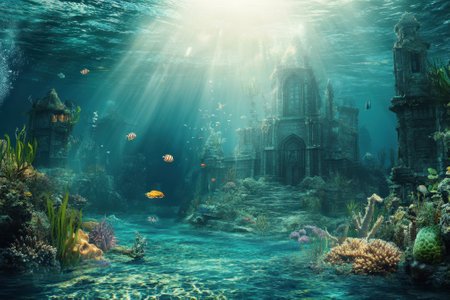 Beneath the waves, ancient ruins are enveloped by colorful coral and lively fish during golden hour light.の写真素材