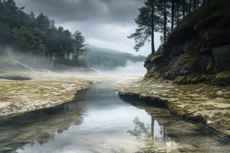 A calm river winds through a fog-covered forest, reflecting trees and mossy banks during early morning.の写真素材