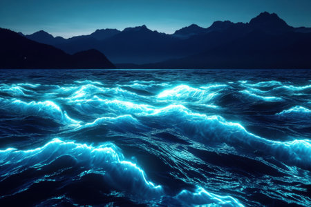 Moonlight casts a glowing blue light on ocean waves, creating a serene reflection against distant mountains.の写真素材
