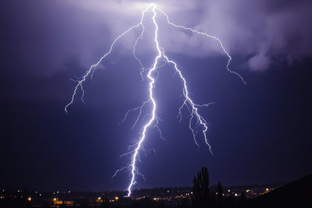 Bright bolts of lightning streak across a dark sky, lighting up the landscape and nearby buildings below.の写真素材