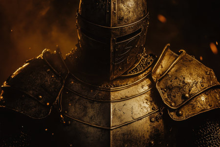 A lone knight, partially illuminated by orange embers, stands confidently in weathered armor, exuding strength.の写真素材