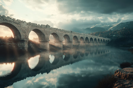 The early morning light illuminates a historic aqueduct over a calm river, surrounded by mountains and mist.の写真素材