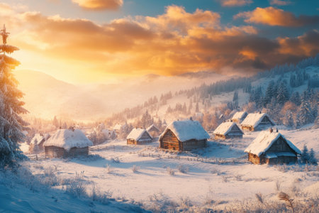Snow blankets quaint wooden houses as the sun sets behind the snowy mountain peaks, creating a serene atmosphere.の写真素材