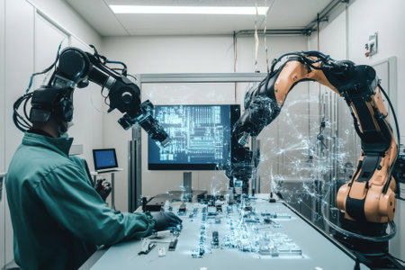 A technician operates two robotic arms to assemble intricate circuit boards in a high-tech lab.の写真素材