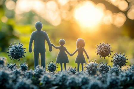 A family stands together, holding hands, surrounded by representations of viruses under a warm sunset.の写真素材