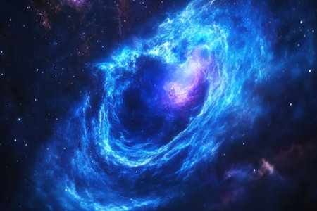 Bright swirls of blue and purple colors create a mesmerizing cosmic display in space at night.の写真素材