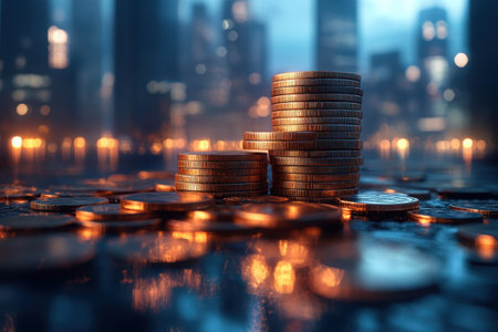 A collection of coins stacked high, glowing softly against a blurred city skyline at dusk.の写真素材