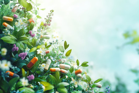 Capsules of various colors are nestled among lush green leaves and bright flowers in daylight.の写真素材