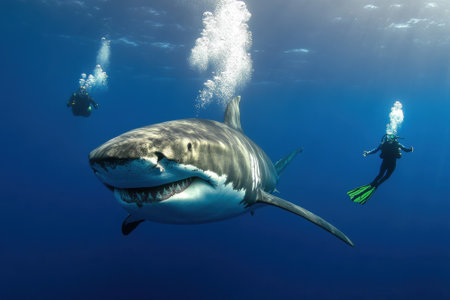 Two divers explore the vibrant underwater world while a great white shark glides by in the ocean depths.の写真素材