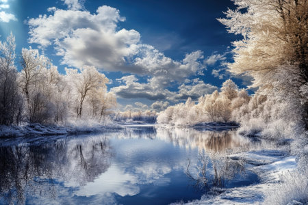 A tranquil frozen river reflects trees and clouds under a bright blue sky during winter.の写真素材